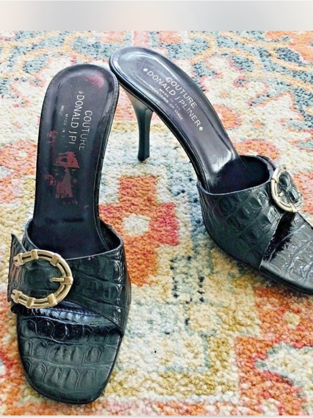 Donald J. Pliner Black Croc-Embossed Heeled Mules with Gold Buckle